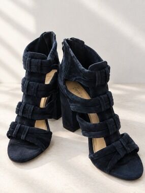 Splendid Navy Blue Suede Strappy Block Heel Sandals Size 6.5 0884